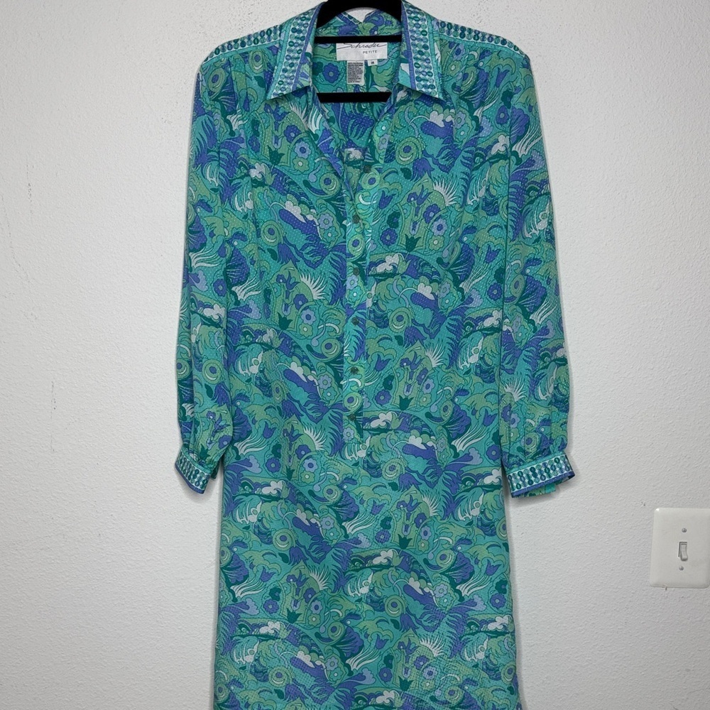 Schrader Petite vintage whimsical long sleeve Vibrant Green/ Blue Dress size 14